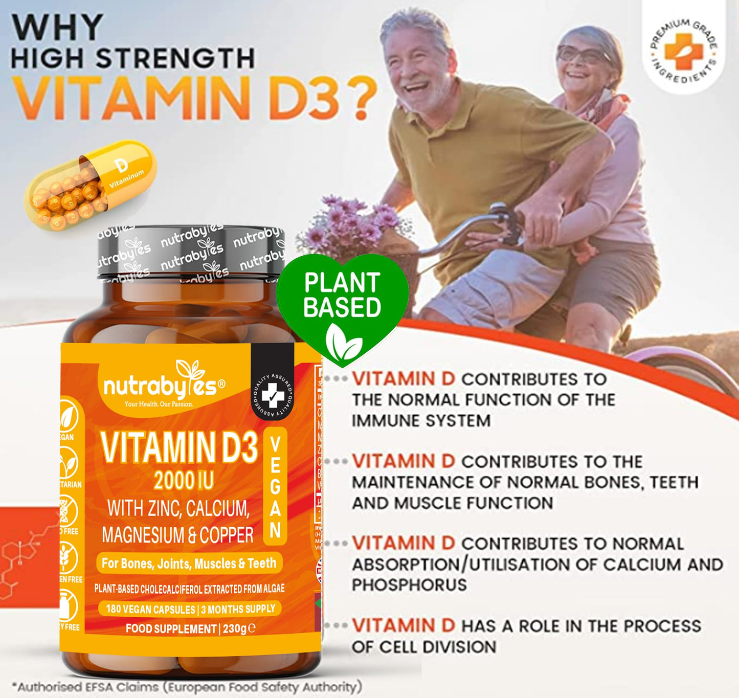 Vegan Vitamin D3 2000iu with Magnesium Calcium & Zinc Supplement, Advanced Immunity Support, Strong Bones & Teeth, Muscle Recovery, Sleep Better,180 Vegan Capsules, 3 Months Supply, UK Nutrabytes