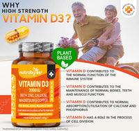 Vegan Vitamin D3 2000iu with Magnesium Calcium & Zinc Supplement, Advanced Immunity Support, Strong Bones & Teeth, Muscle Recovery, Sleep Better,180 Vegan Capsules, 3 Months Supply, UK Nutrabytes