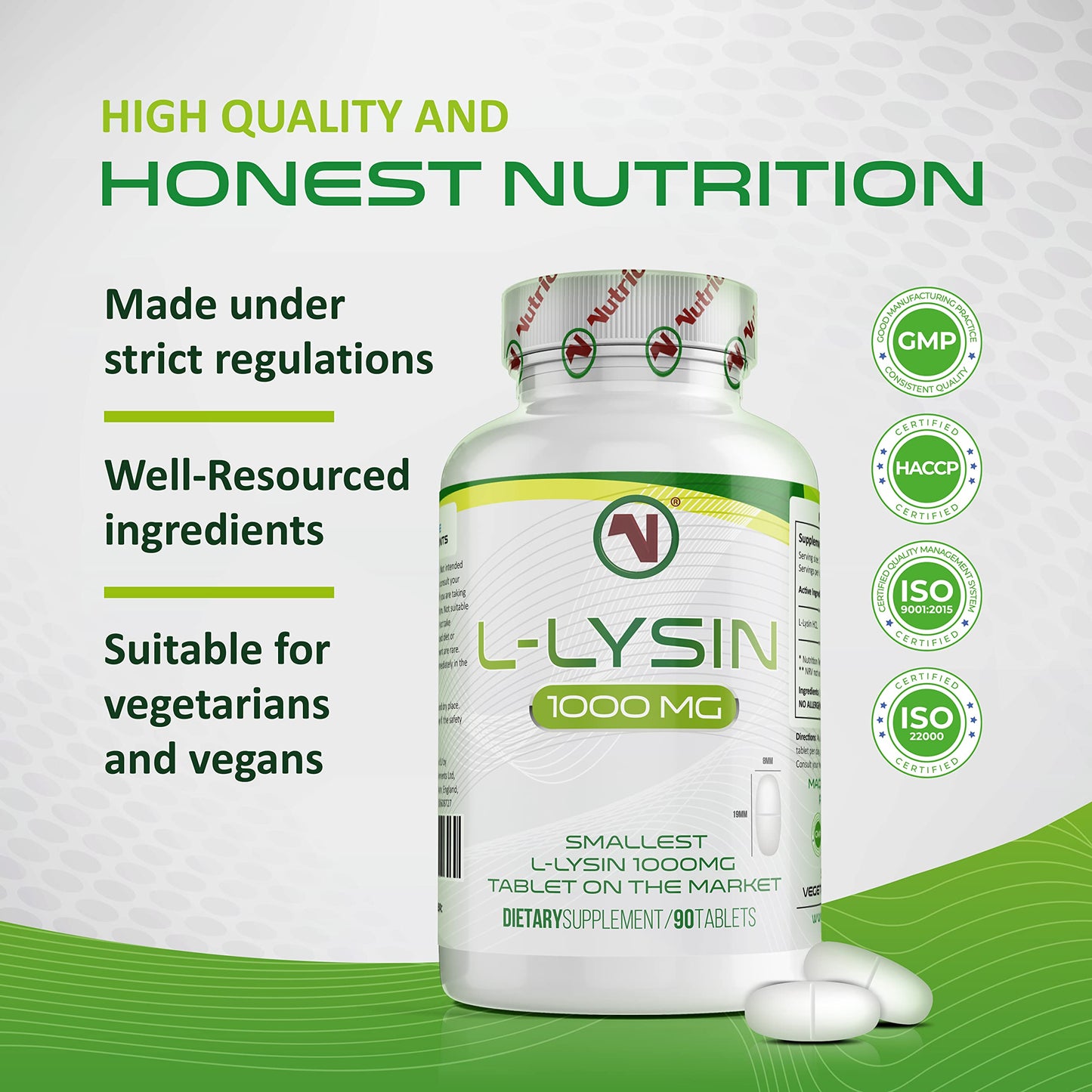 L-Lysine x 90 1000mg Tablets | Smallest 19mm Formula | Easier to Swallow and Quicker to Absorb - Suitable for Vegetarian and Vegan. (90)
