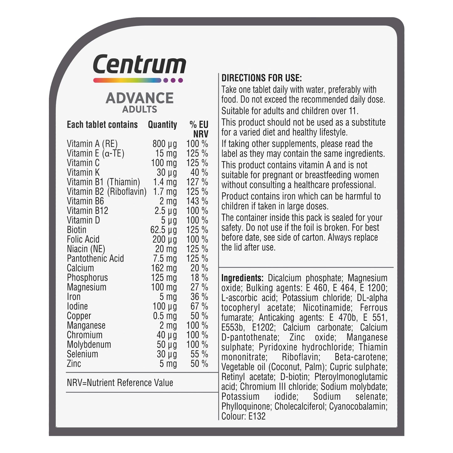 Centrum Advance Multivitamin Tablets for Men and Women, Vitamins with 24 Essential Nutrients, including Vitamin C, D, and Zinc, 100 ct (Packaging and Tablet colour may vary slightly)