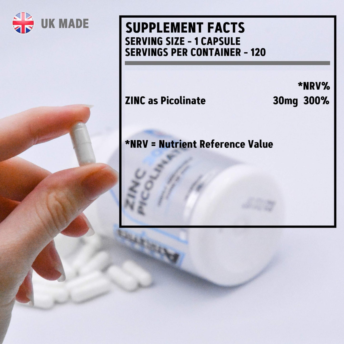 Zinc 30mg as Picolinate 120 Capsules Made in The UK by Freak Athletics