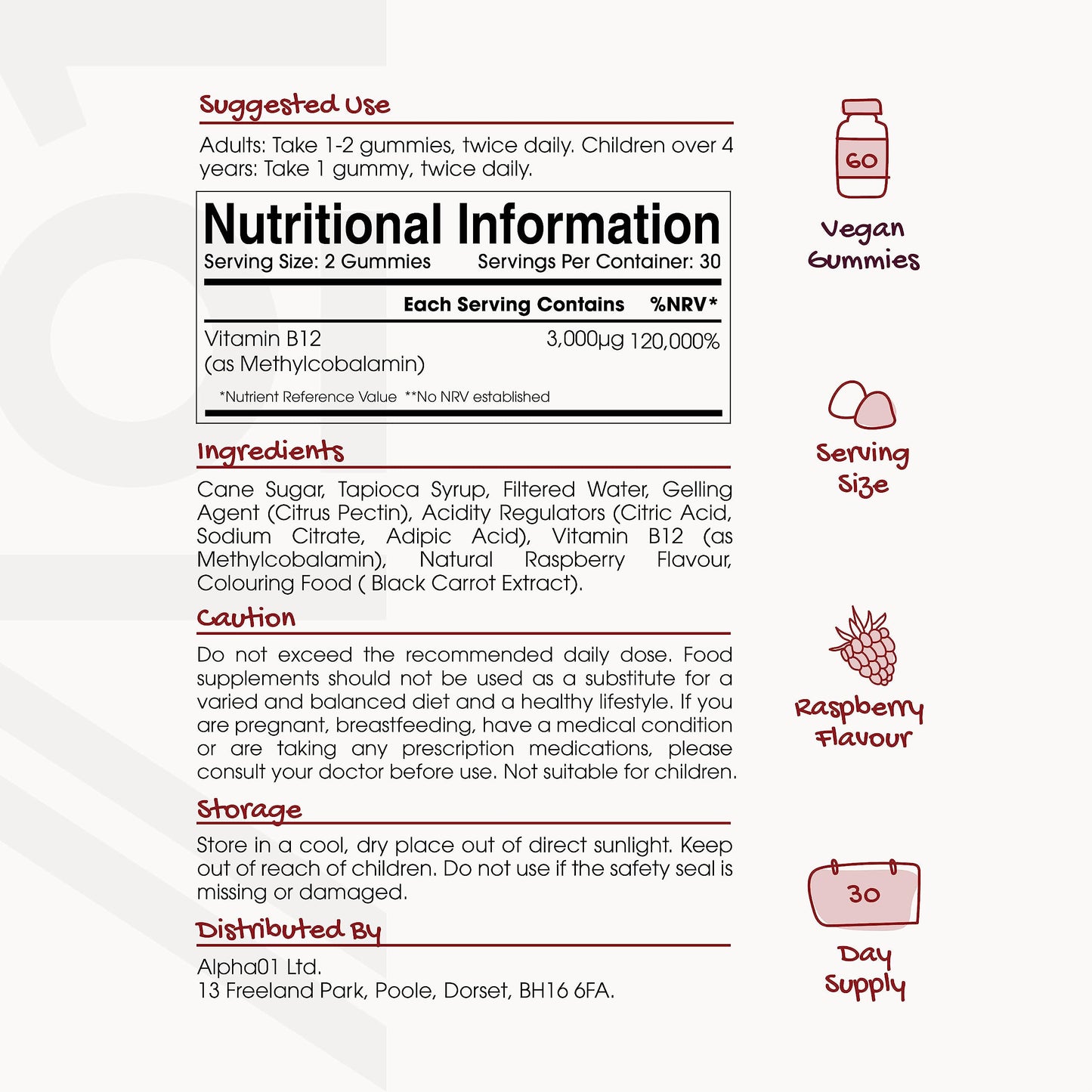 Vitamin B12 Gummies 1,500mcg (per Gummy) - High Strength Methylcobalamin Supplement - Non-GMO, Gluten Free, Raspberry Flavour - 60 Vegan Gummies.