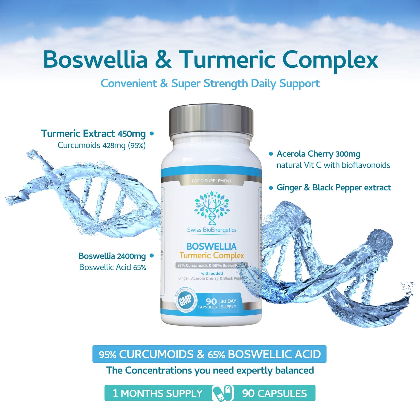 Boswellia & Turmeric Complex – 90 Capsules – Super High Strength Curcumin containing Minimum 95% Curcumoids & 65% Boswellic Acid - UK Made