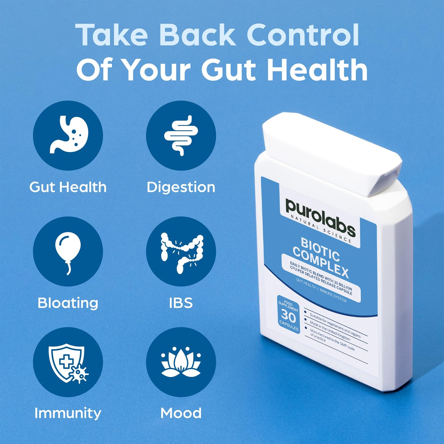 Probiotic Complex for Gut Health | High Strength Probiotic for Men and Women | 21 Billion CFU with Prebiotic | 30 Vegan Capsules | Made in The UK by Purolabs