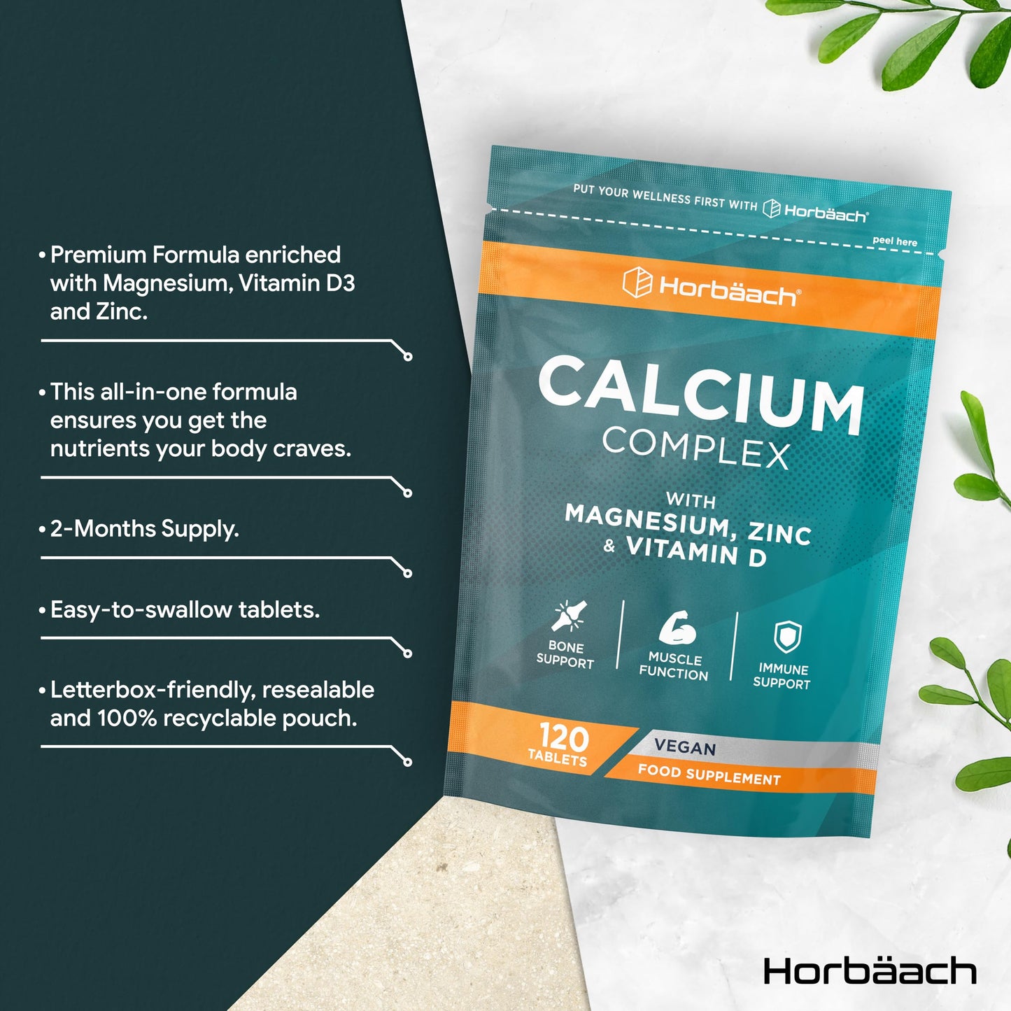 Horbäach Calcium Tablets | Calcium, Magnesium, Zinc and Vitamin D | High Strength Complex | 120 Vegan Tablets | Supplement for Women & Men | Horbaach