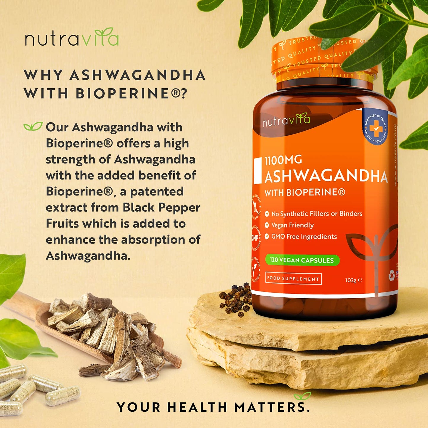 Ashwagandha 1100mg - 120 Vegan Capsules with Added Bioperine® - High Strength Natural Ashwagandha Root Powder - Vegan Friendly Ashwaganda Supplement - Made in The UK by Nutravita