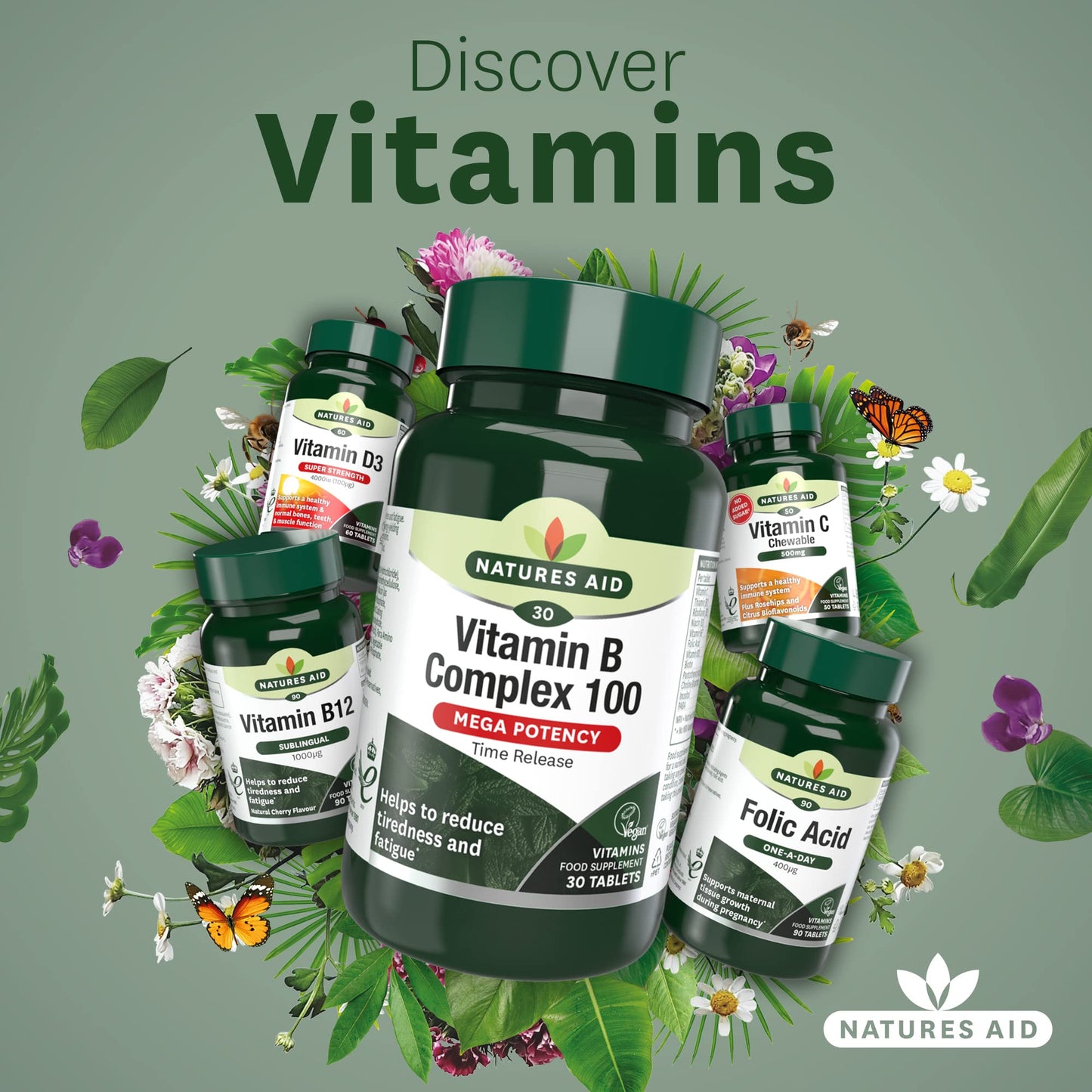 Natures Aid Vitamin B Complex 100 – High Potency B Vitamins 100mg for Energy, Metabolism, Nervous System & Immune Support – Vegan, Gluten Free, Non-GMO, Time Release – 30 Tablets