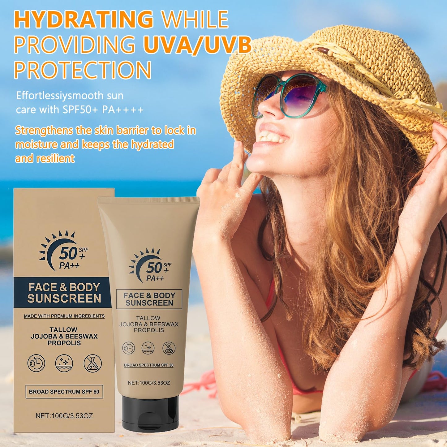 Wormeer Beef Tallow Sun Cream SPF 50+, Natural Sunscreen & Face Moisturiser, Grass Fed Tallow Sunscreen for Dry Sensitive Skin, No White Cast, Non Greasy, 100g