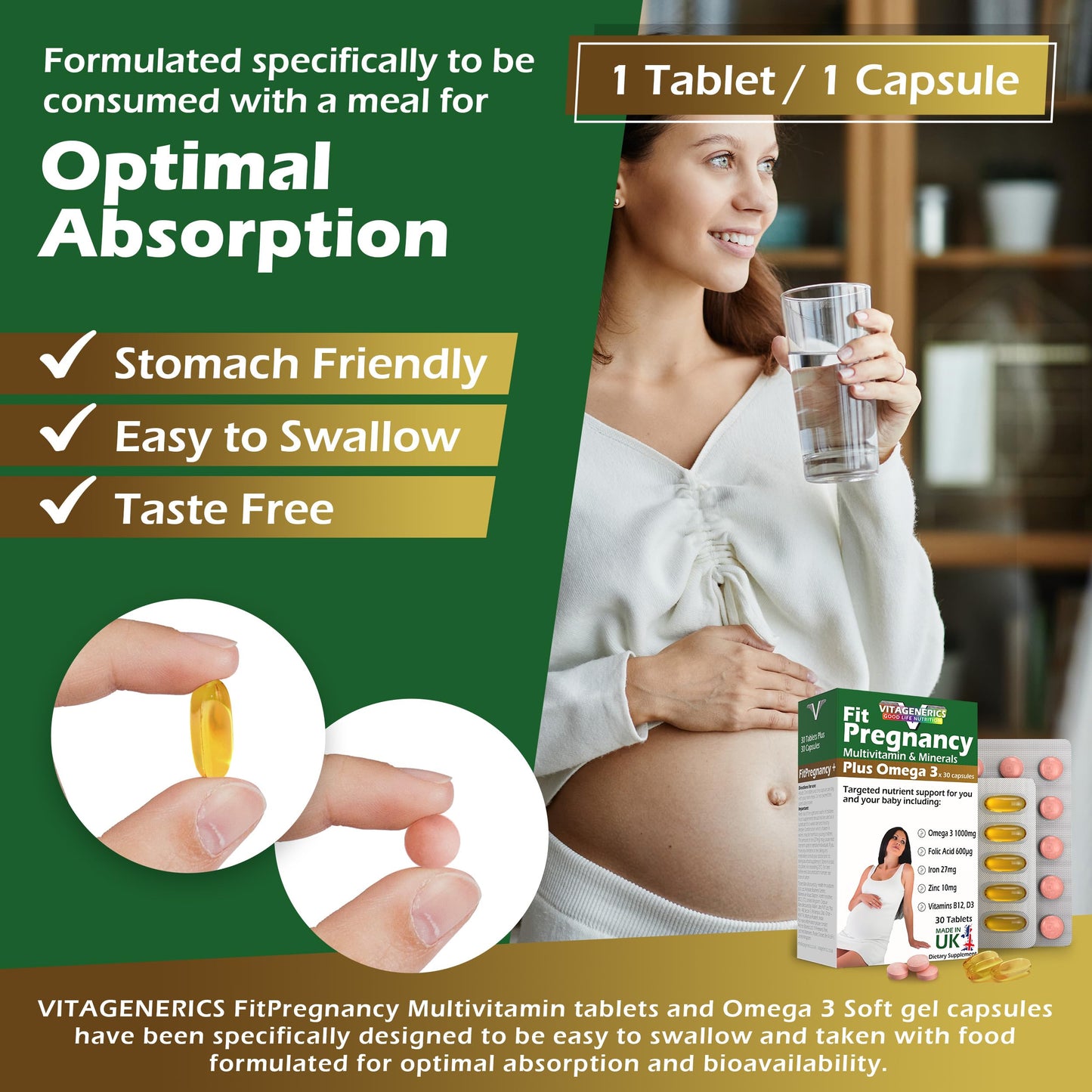 VitaGenerics VITAGENERICS FitPregnancy Multivitamin & Minerals Plus Omega 3, 30 Tablets Plus 30 Capsules, with Zinc, Iron & B Vitamins, Made in UK