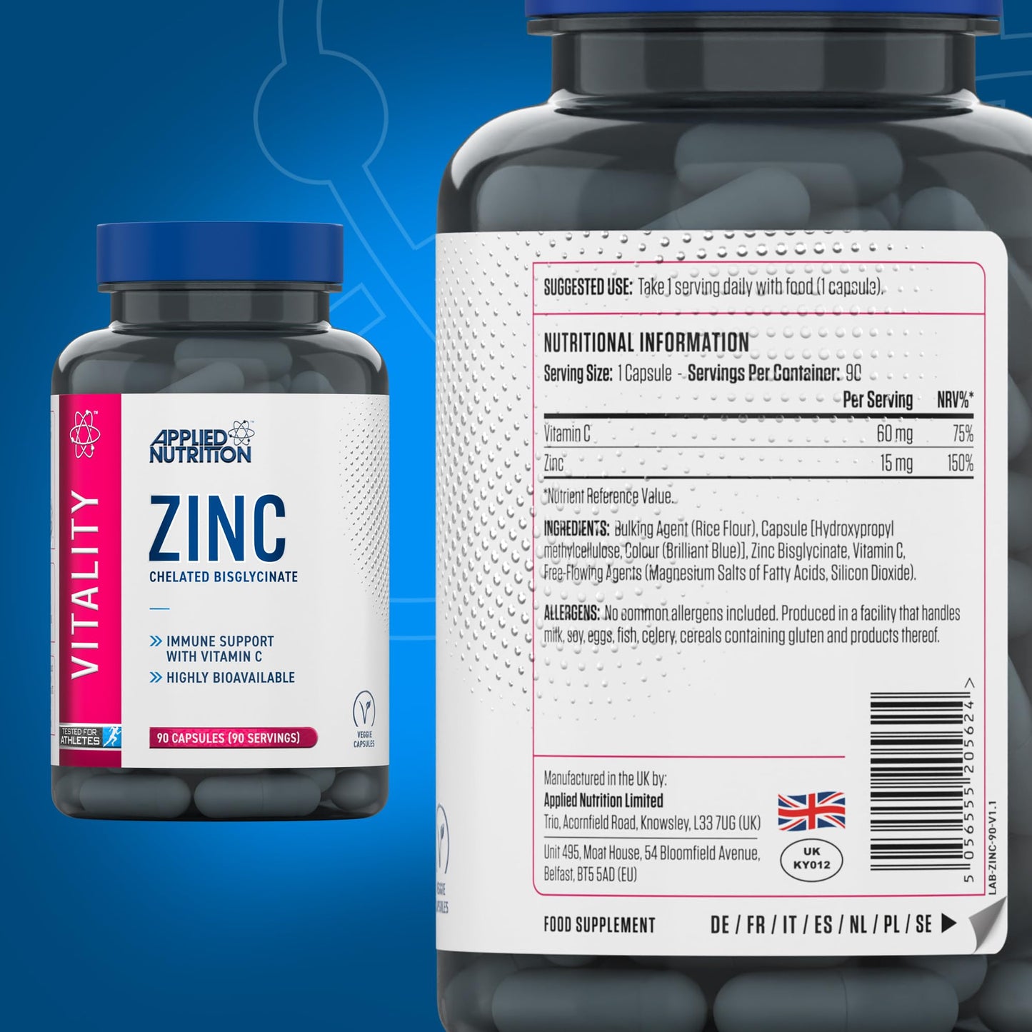 Applied Nutrition Zinc - 15mg Strength Supplement for Normal Immune System Function, Bones, Hair, Skin & Nails, Made in The UK, Vegan (90 Tablets - 3 Months Supply)