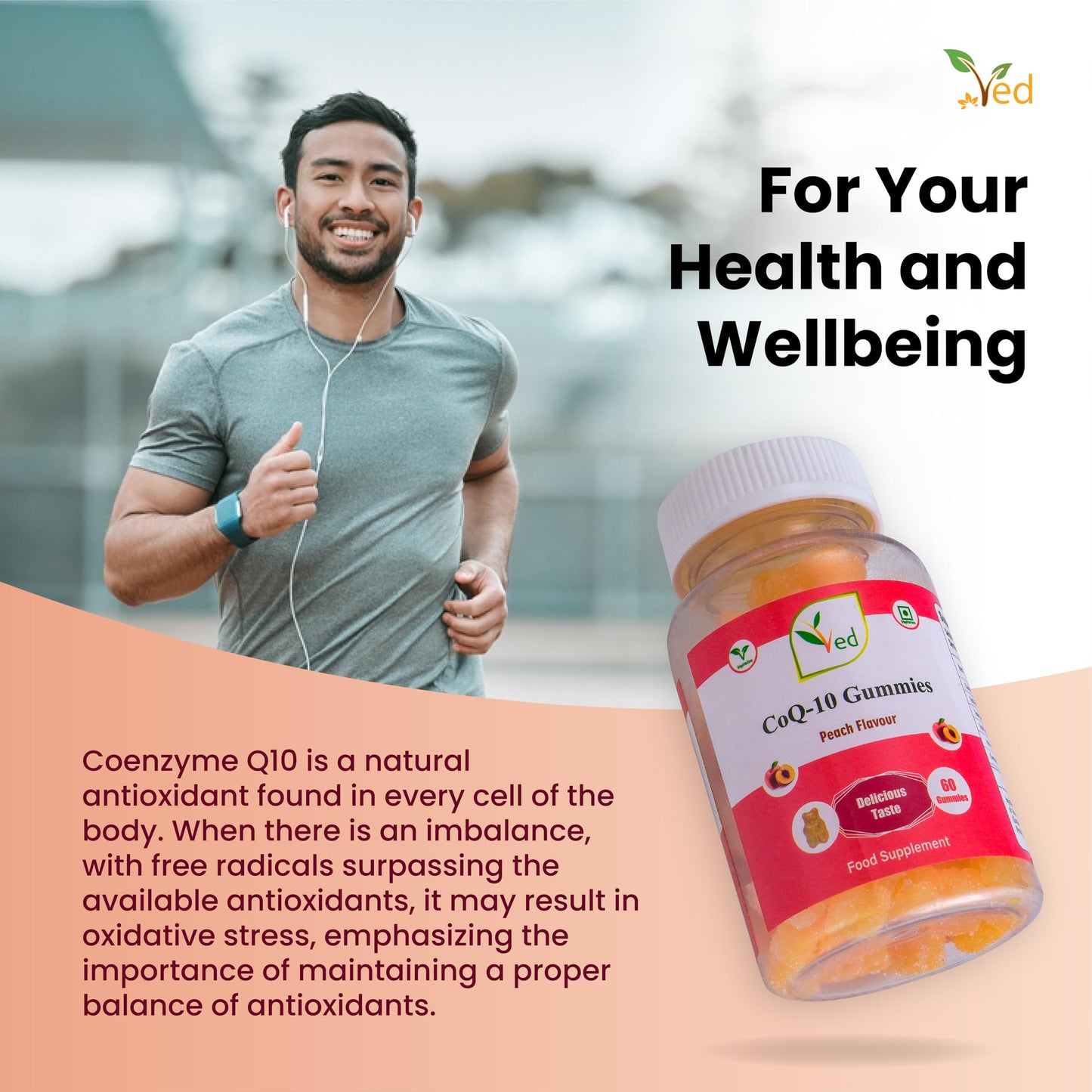 VED Ved Co Enzyme Q10 Gummies, Super Antioxidant, Vegan for Men and Women, Peach Flavour 60 Days’ Supply.(Pack of 2)