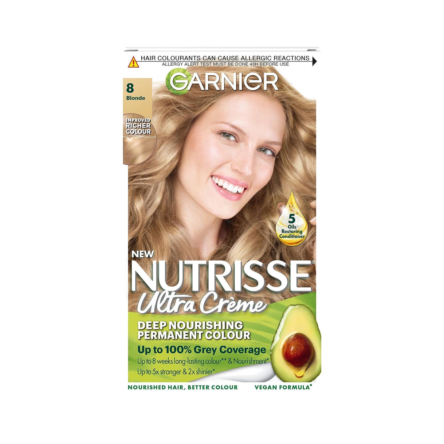 Garnier Nutrisse Permanent Hair Dye, Natural-looking, hair colour result, For All Hair Types, 8 Blonde