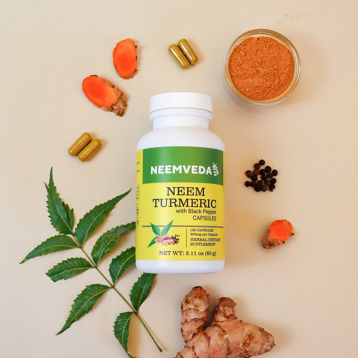 Neemveda Neem Turmeric Capsules with Black Pepper 120 Veg Capsules (Detox, Eczema, Skin Supplement)