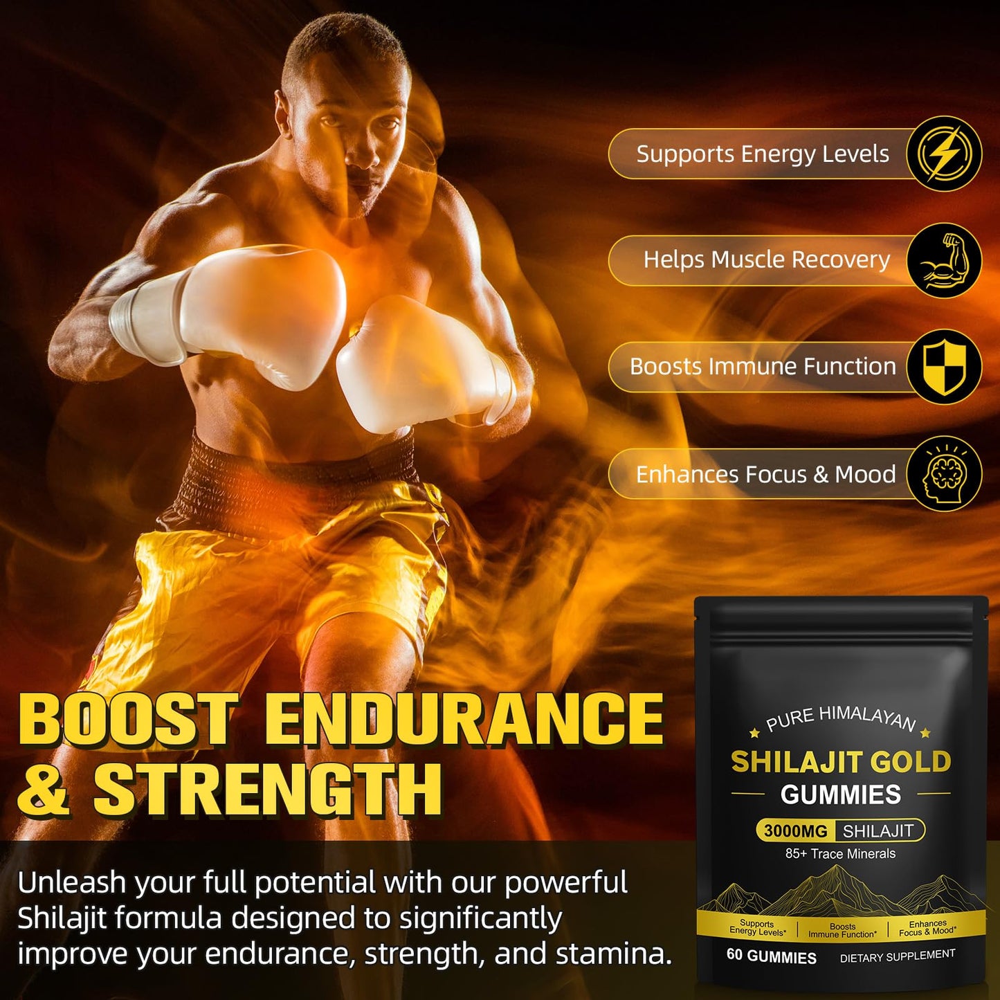 Generic Gold Shilajit Gummies for Men & Women, Shilajit Pure Himalayan Gummy 3000mg, Energy & Boost Immune Support, Enhances Focus, Gluten Free & Vegan (60 Gummies)