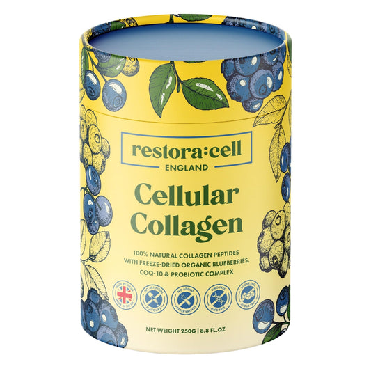 restora:cell Blueberry Cellular Collagen Powder Supplement 100% Natural Grass-fed Bovine Collagen Peptides with Vitamin C - 200 mg CoQ-10-20 Billion CFU Probiotic Blend - Paleo & Keto - 250g
