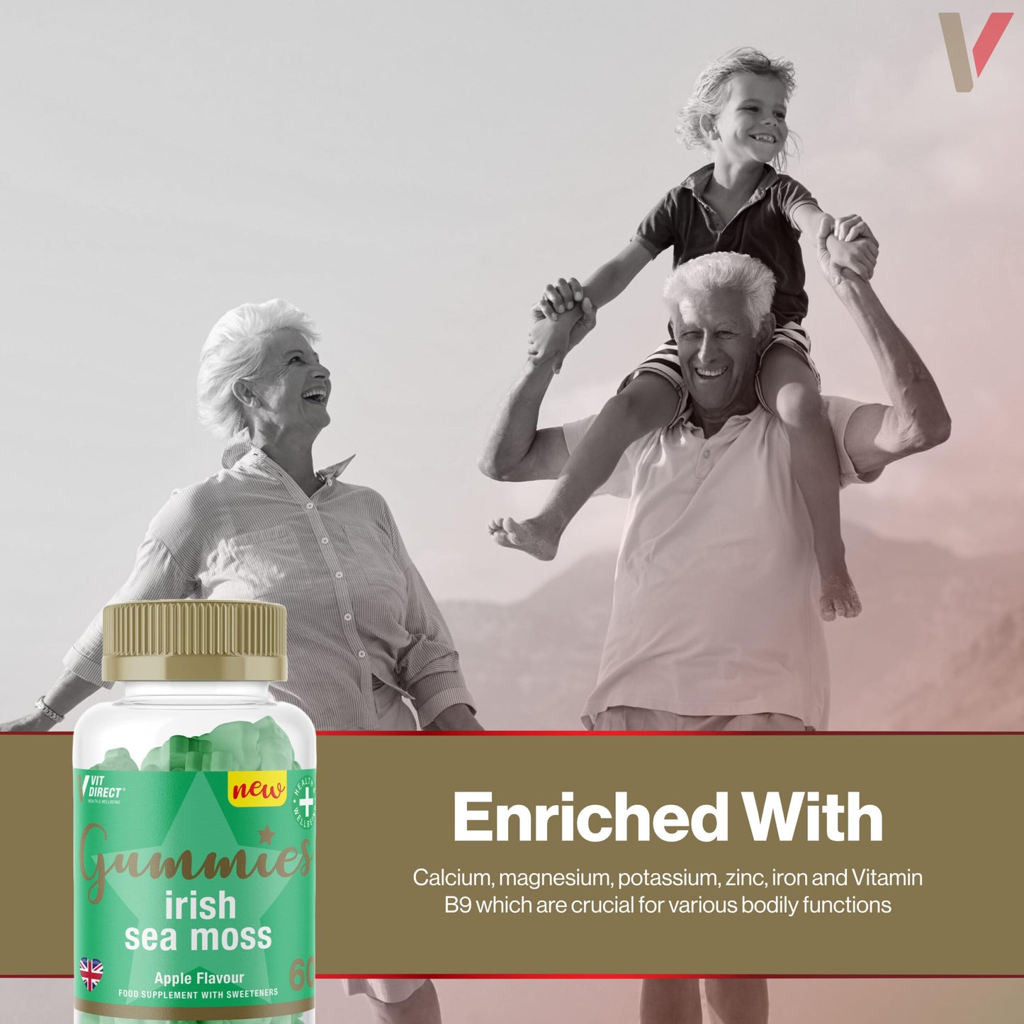 Vit Direct - Irish Sea Moss Gummies - 60 Apple Flavoured Gummies - Supports Immunity & Digestion - Rich in Vitamins - Improves Energy Levels - Vegan-Friendly Supplements