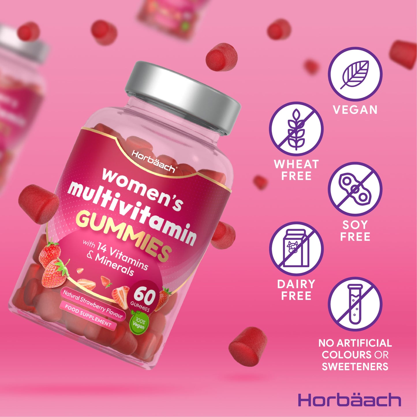 Multivitamin Gummies for Women | 14 Multivitamins and Minerals | with Biotin, Zinc, Vitamin C & More! | Hair, Skin and Nails Vitamins | 60 Vegan Gummies - Natural Strawberry Flavour | by Horbaach