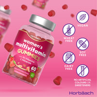 Multivitamin Gummies for Women | 14 Multivitamins and Minerals | with Biotin, Zinc, Vitamin C & More! | Hair, Skin and Nails Vitamins | 60 Vegan Gummies - Natural Strawberry Flavour | by Horbaach