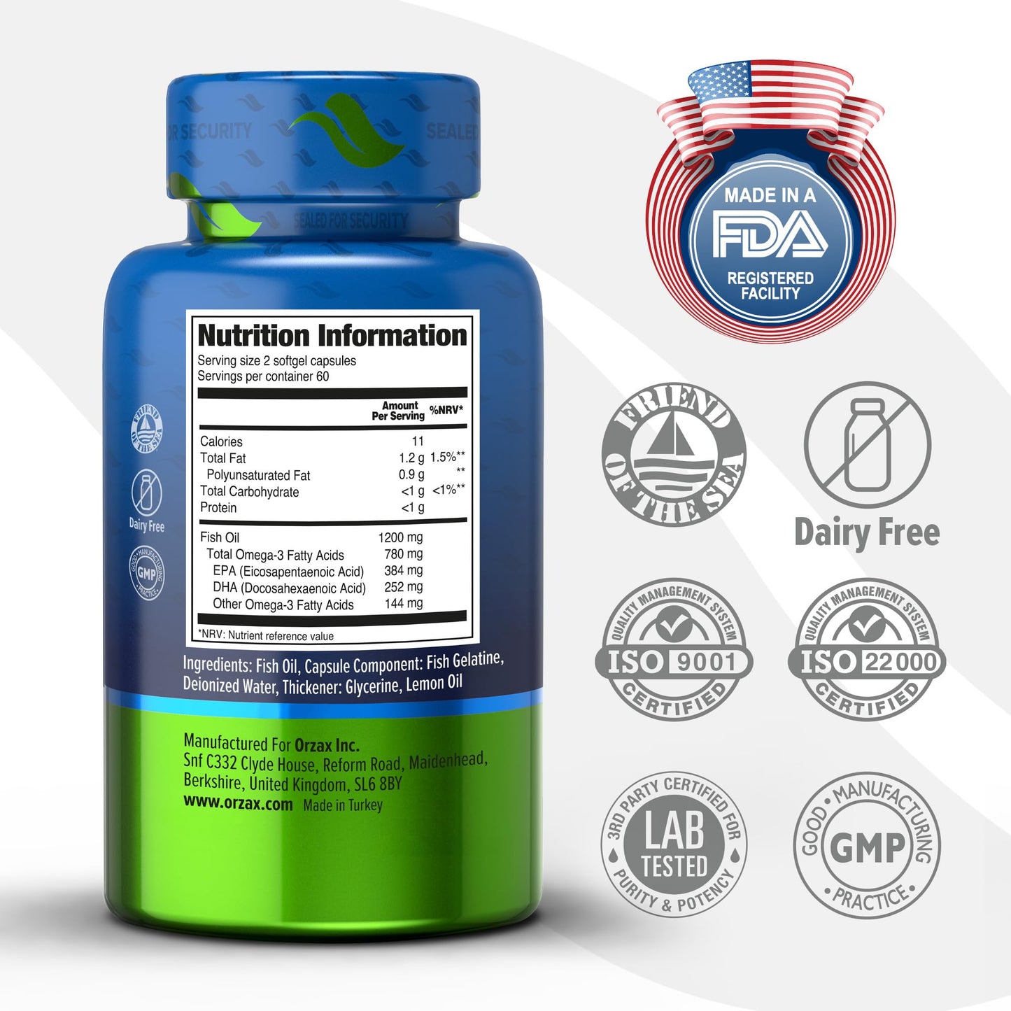 Orzax Fish Oil 1200 mg, EPA&DHA, Triglyceride Form Burpless Omega 3, Lemon Flavor, Supports Heart, Brain, Eyes, and Joints, 120 Softgels,60 Day Supply