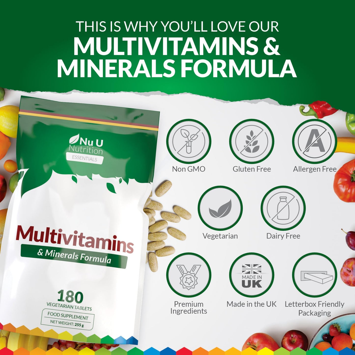 Multivitamin Tablets for Men & Women - 180 Tablets - 6 Month Supply - 25 A-Z Multivitamins & Minerals Including Iron, Zinc & Vitamin D - One a Day - Made in The UK - Nu U Nutrition