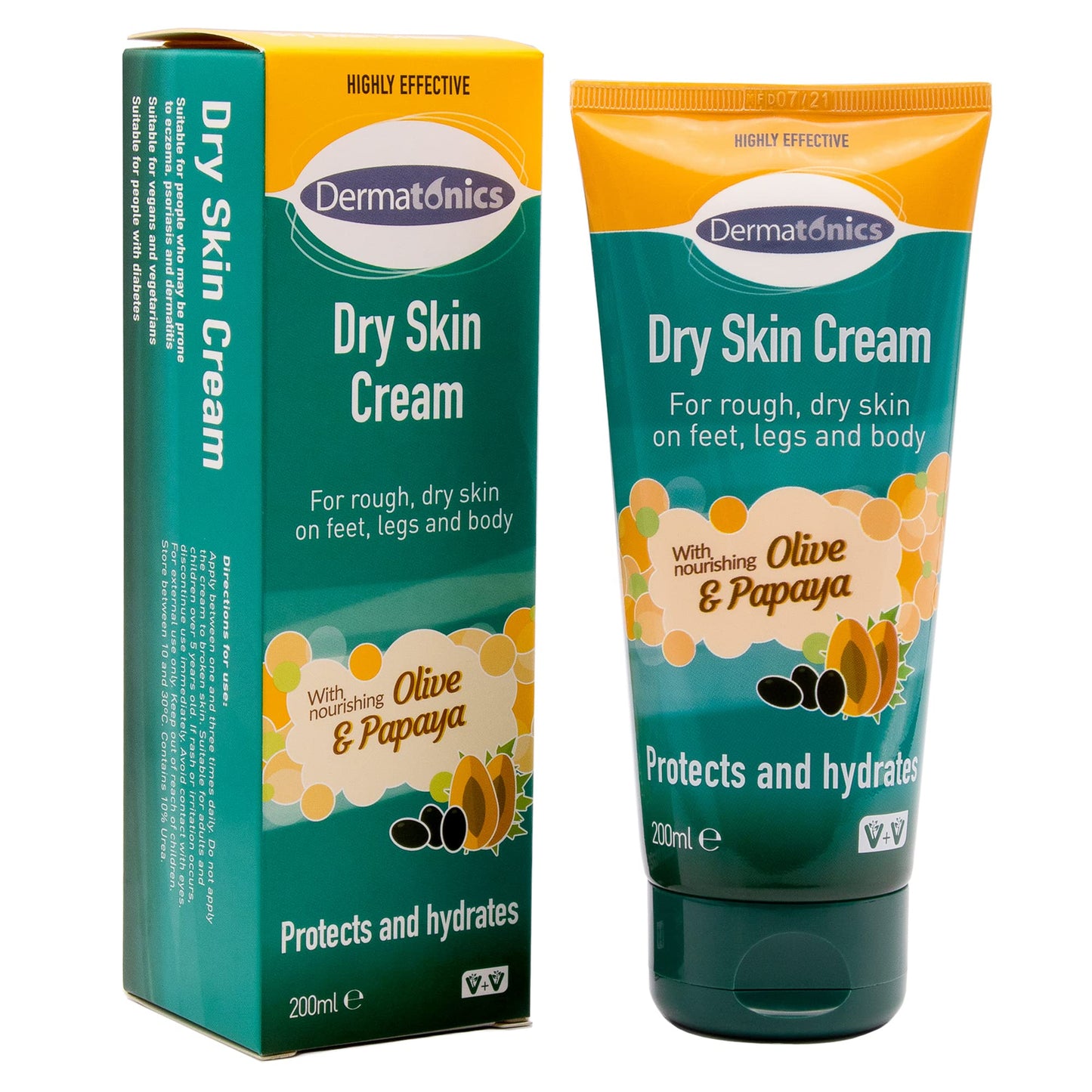 Dermatonics Natural Care Dry Skin Cream - Enriched with 10% Urea, Olive and Papaya Extracts, Long lasting Hydration and a Gentle Scent for Smooth, Supple Skin, Vegan Friendly, 200 ml
