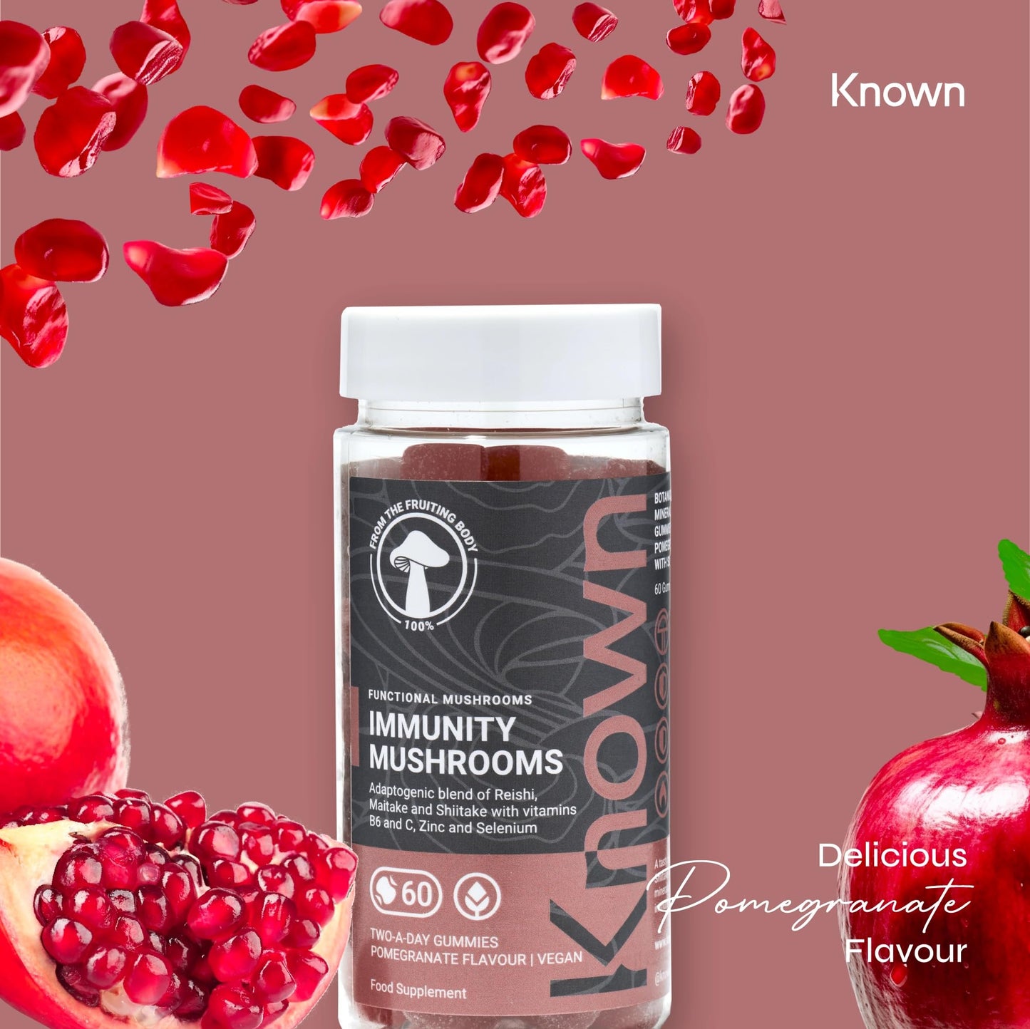 Immunity Support Mushroom Gummies with Reishi, Shiitake & Maitake by Known | Delicious Natural Pomegranate Flavour | 60 Two-a-Day Gummies (One Month’s Supply)