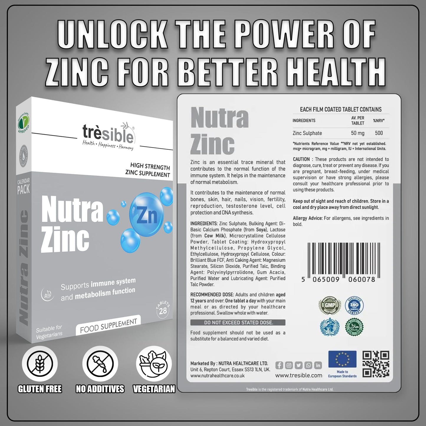 Tresible Zinc Tablets (4 Weeks Supply) - Kids Zinc 50mg for Skin Hairs Nails Bones and Metabolism - Immune Support High Strength Zinc Supplements for Men & Women - Zinc Tablet for Adults