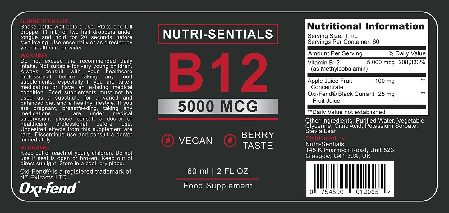 Nutri-Sentials Vitamin B-12 Liquid Drops - 5000 mcg Methylcobalamin High Strength Supplement, for Increasing Metabolism, Immunity, Energy and Improving Concentration & Mood - Vegan Berries Flavour, 60ml