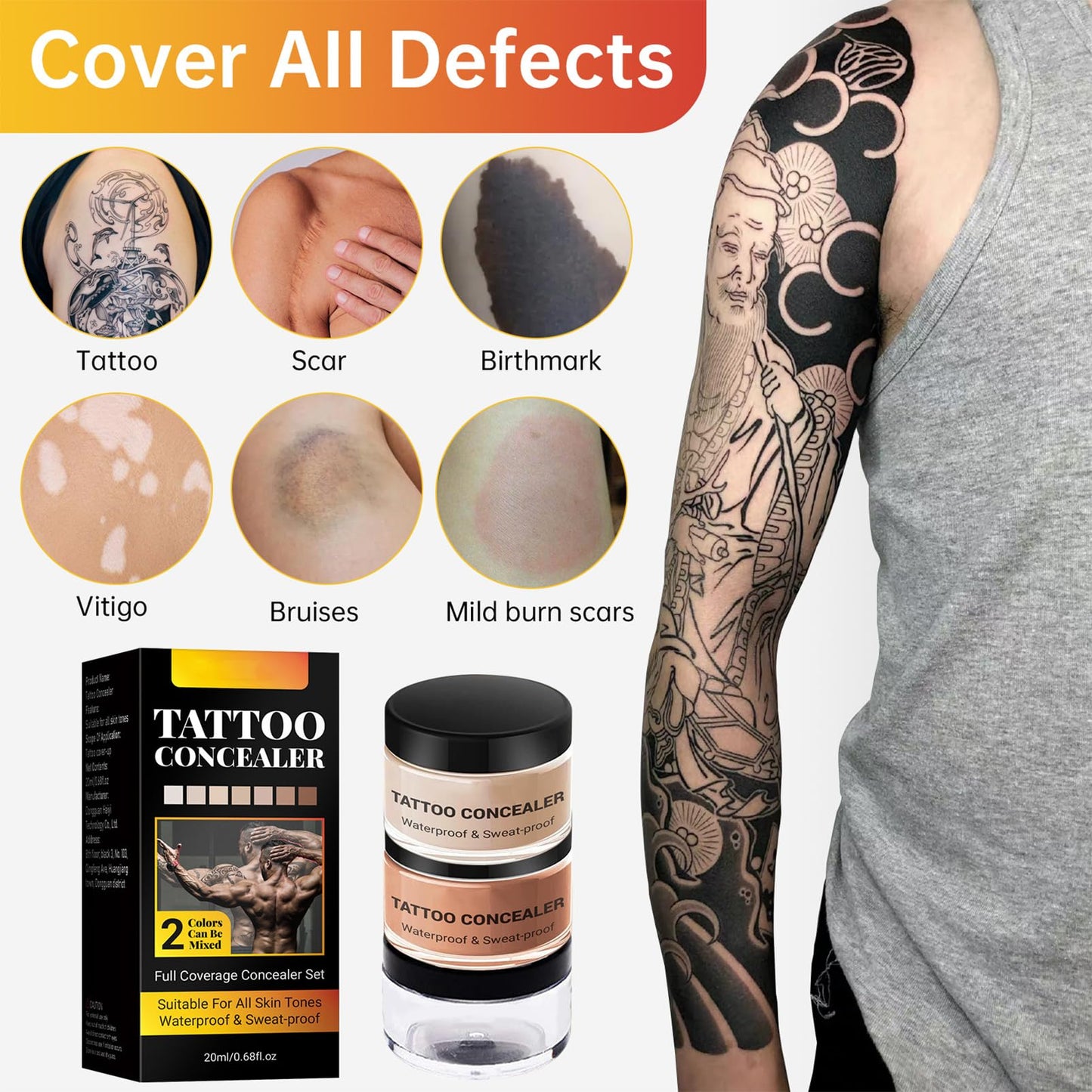 SHEBEEDO Tattoo Cover Up Makeup Waterproof, Tattoo Concealer Full Coverage, Natural Tattoo Makeup Cover Body Makeup for Scars,Tattoo Cover Up Set,Bruise Cover Up,Suitable for Men and Women(2pcs)