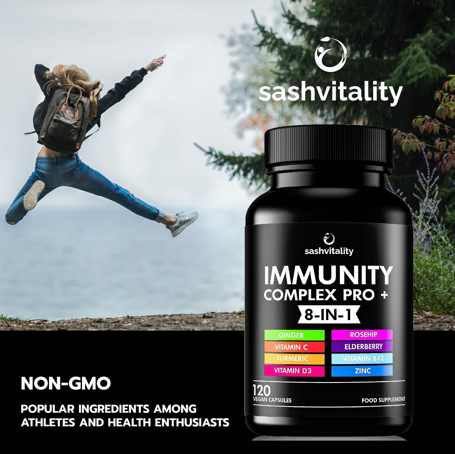 Immune System Booster Supplement - 120 Capsules - Vitamin C and Zinc, Elderberry, Iron, Vitamin B12, D3, Turmeric, Selenium, Garlic, Probiotic – Vegan Multivitamin Complex (Immune System Booster)