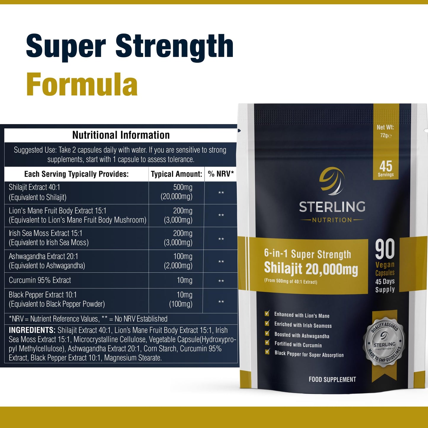6-in-1 Super Strength Himalayan Shilajit Complex - Vegan Capsules for Adults, Pack of 90 Supplements | 20000mg, Lion's Mane, Irish Sea Moss, Ashwagandha Curcumin & Black Pepper | STERLING NUTRITION