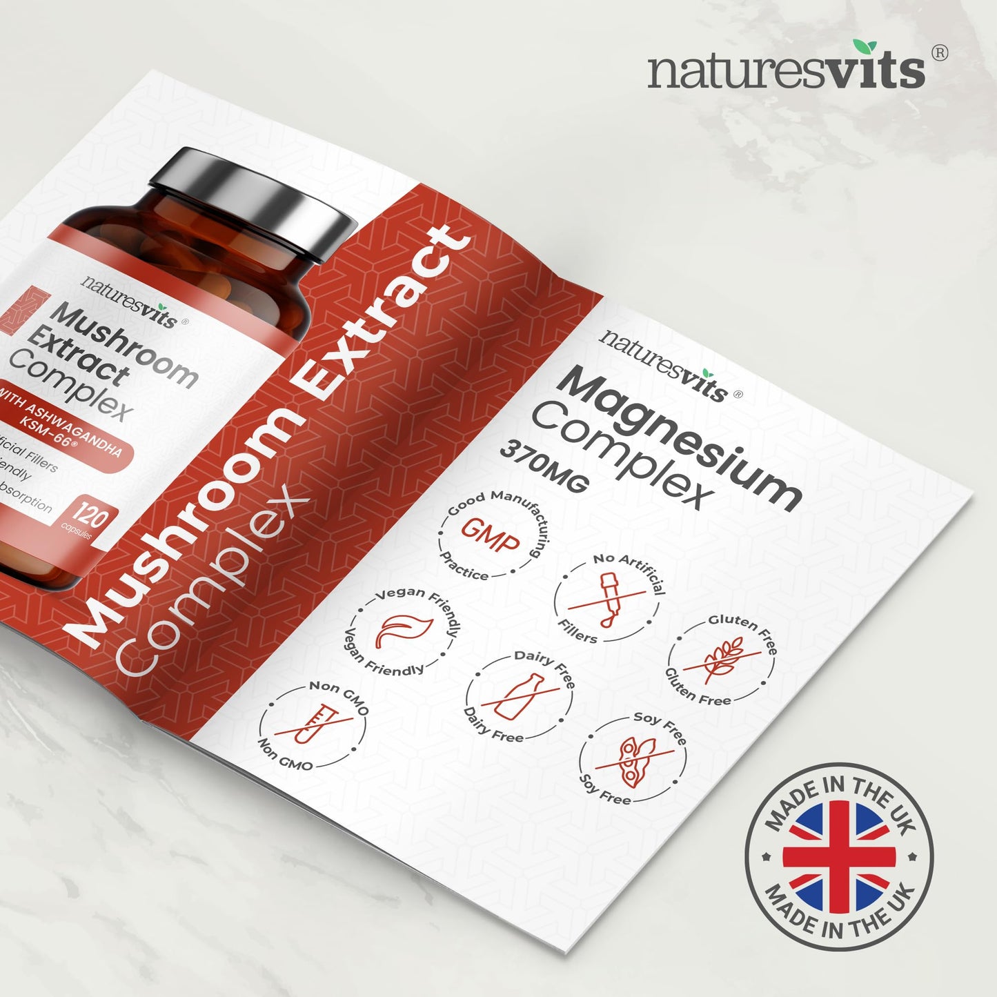 NaturesVits 6 Mushroom Supplement with Ashwagandha, 120 Capsules - Lions Mane, Cordyceps, Shiitake, Reishi, Chaga and Maitake - Complex Mood, Focus and Brain Support Herbal Nootropic - 40% Polysaccharides