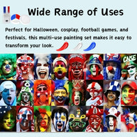 SHEBEEDO 2PCS 3 In 1 Face Body Paint Set, Red Blue White 3 Colors Face Paint Wheel and Stick for SFX Effects Makeup Face Painting Kit, Non Toxic Body Paint for Vampire Halloween Clown Football Fans