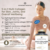 Multi Collagen Type I, II, III, V, X. Bovine, Marine Collagen Peptides 180 Capsules Enhanced with Vitamin C, for Joint Care, Skincare & Hair High Strength Collagen for Women & Men N2 Natural Nutrition