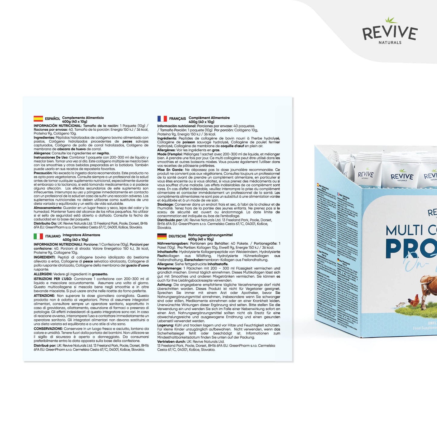 Revive Naturals Multi Collagen Protein Powder Packets - Types I, II, III, V & X - Hydrolyzed Grass Fed Bovine, Wild Caught Fish, & Free-Range Chicken & Eggshell Collagen. Non-GMO, Halal, (10g Each, 40 Packets)