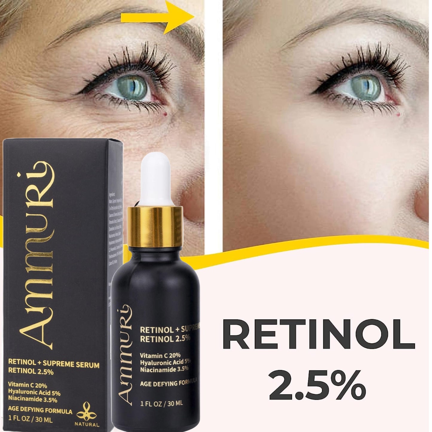 Ammuri Retinol + Supreme Serum 2.5% Vitamin C 20% with Hyaluronic Acid & Vitamin E, Face Serum, for Wrinkles, 5% Niacinamide 3.5% Anti Aging Skin Repair, Supercharged Face Serum