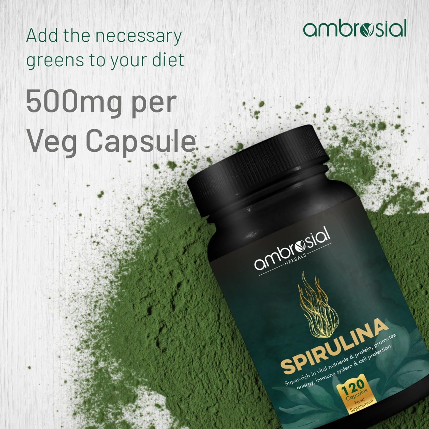 AMBROSIAL Ambrosial Spirulina Capsules | Highly Dosed- 500 mg | Certified Spirulina Tablets| No Additives & 100% Vegan | Rich Source of Protein, Vitamins & Minerals (Pack of 1-120 Capsules)