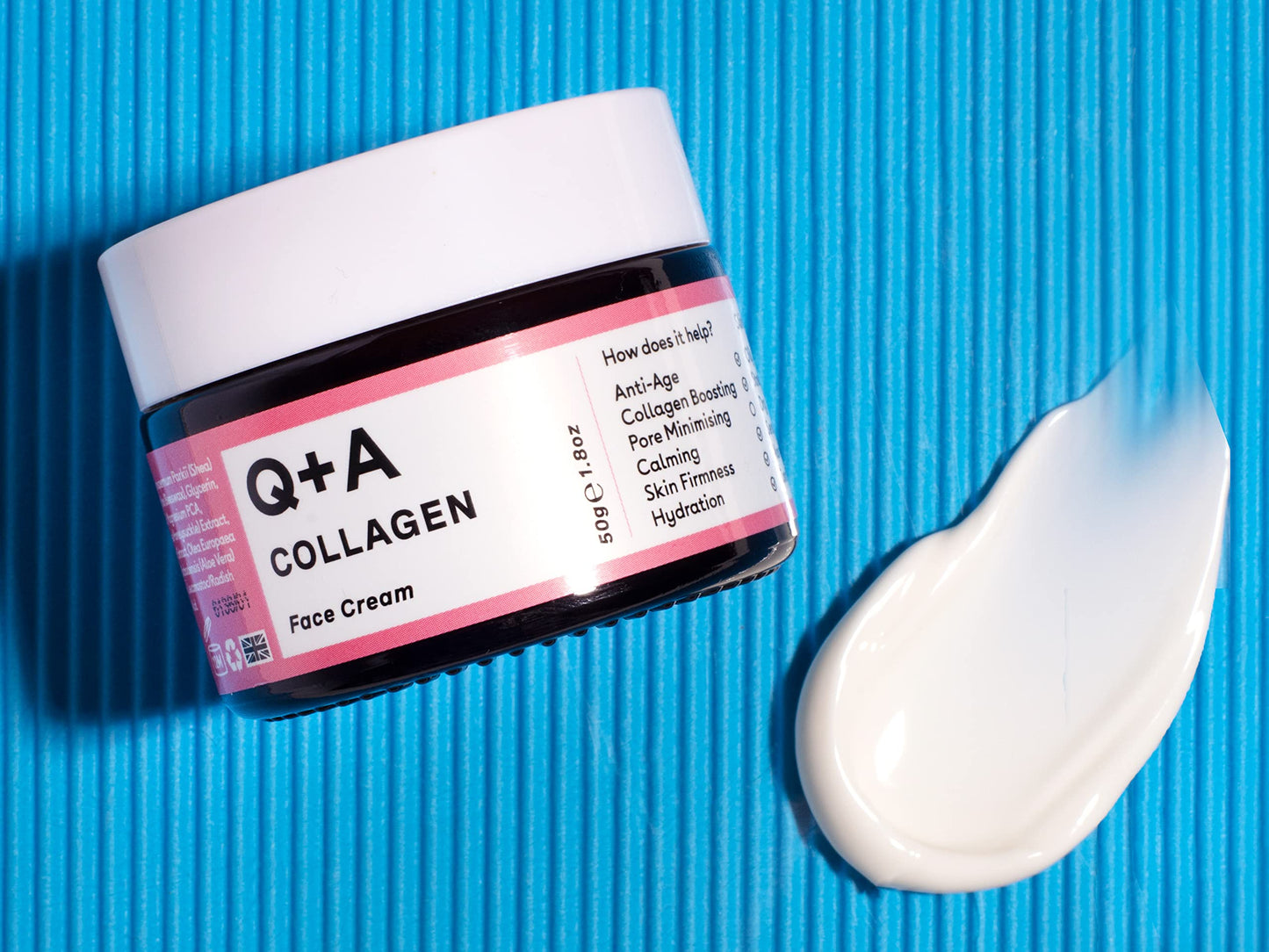 Q+A Collagen Face Cream. A vegetarian, seaweed derived Collagen cream for ageing skin, anti ageing with natural seaweed derived Collagen, and Shea Butter for Ultimate Hydration. 50g/1.8oz