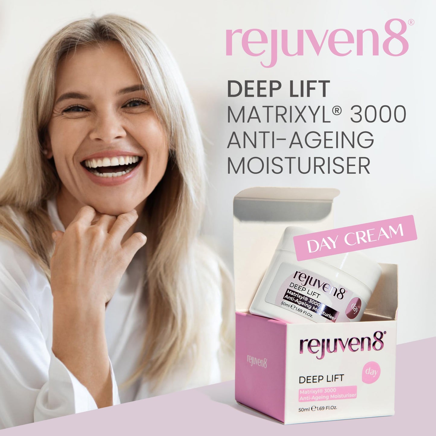 Rejuven8 Deep Lift Day Cream with Matrixyl 3000, Marine Collagen, Retinol & Vitamin E – Anti Ageing Moisturiser for Women – Firming Face Cream for Mature Skin – 50ml