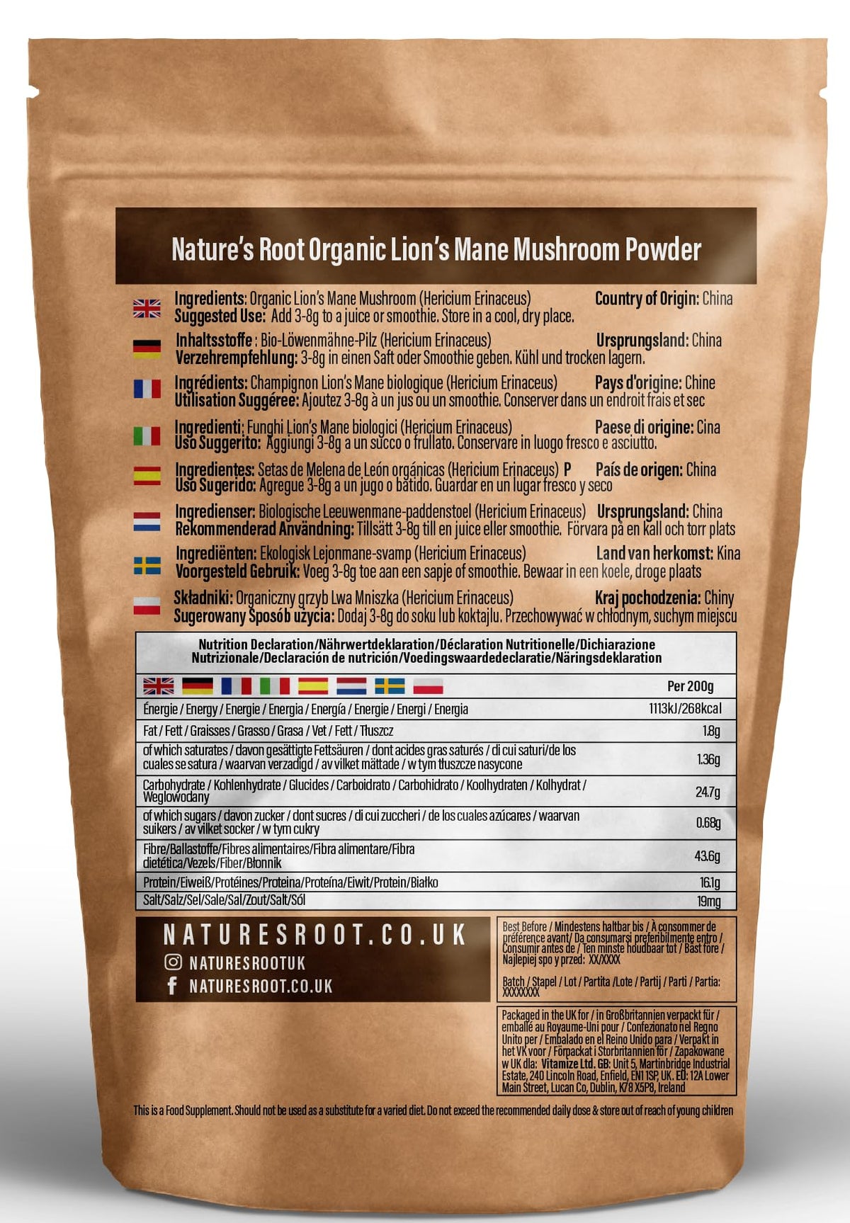 Natures Root Nature’s Root Organic Lion’s Mane Mushroom Powder 200g – 100% Fruiting Body (Hericium erinaceus) – Finely Milled Vegan Mushroom Powder for Coffee, Smoothies & Hot Drinks – No Fillers