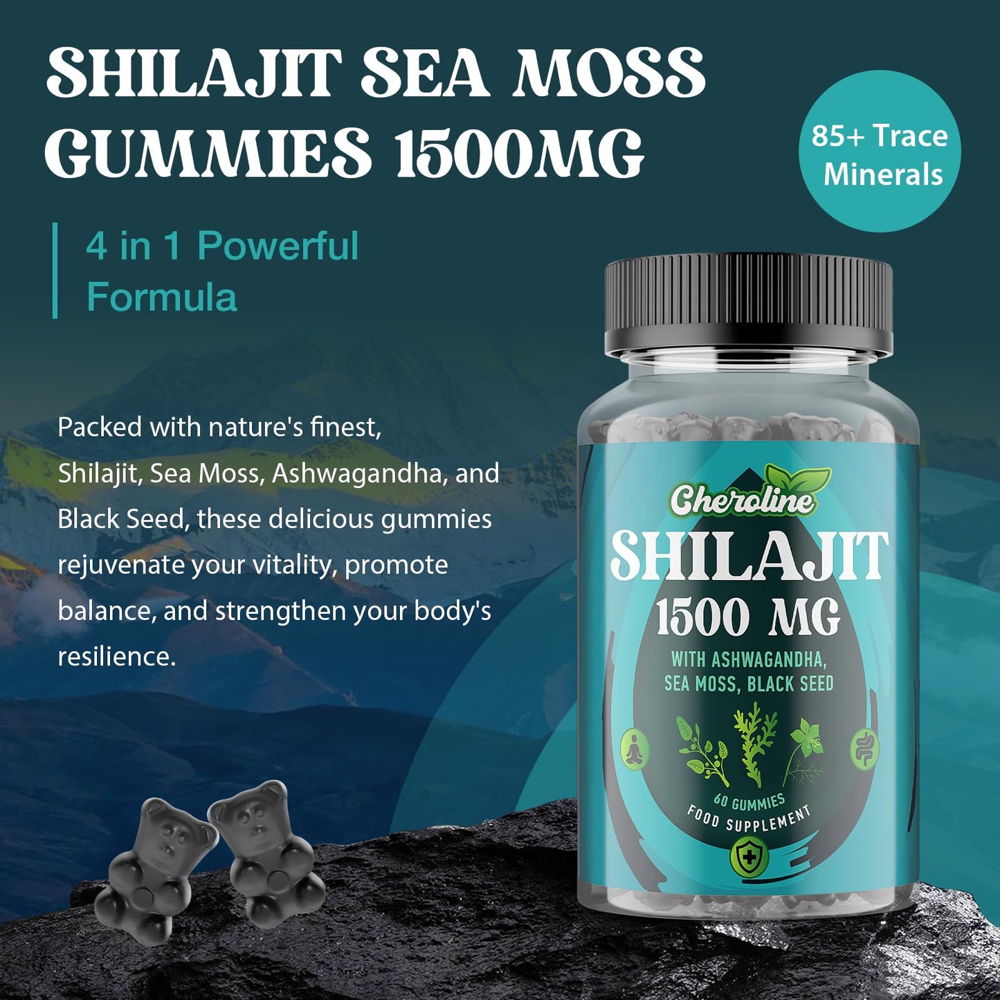 Shilajit Sea Moss and Ashwagandha Gummies 1500mg Per Serving, Enriched with 60% Fulvic Acid & 85+ Trace Minerals, High Strength Complex for Energy, More Convenient Than Resin (60 Count (Pack of 1))