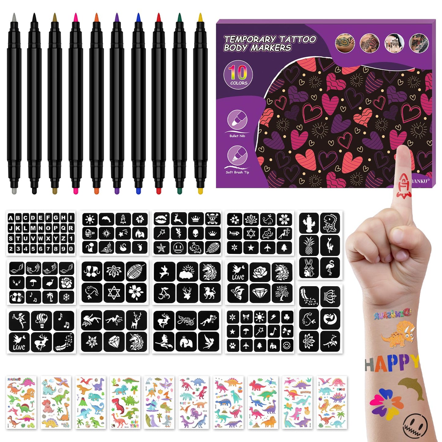 EBANKU 10PCS Temporary Tattoo Pens, Body Tattoo Markers for Skin Dual Tip Tattoo Pen for Thick and Thin Lines With 14 Tattoo Stencils and 10 Dinosaur Stickers for Kids