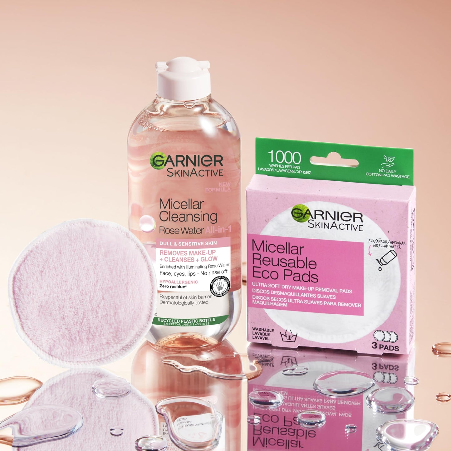 Garnier Micellar Rose Water For Dull Skin 400 ml, Glow Boosting Face Cleanser and Makeup Remover, Recognised By The British Skin Foundation, Use With Reusable Micellar Eco Pads