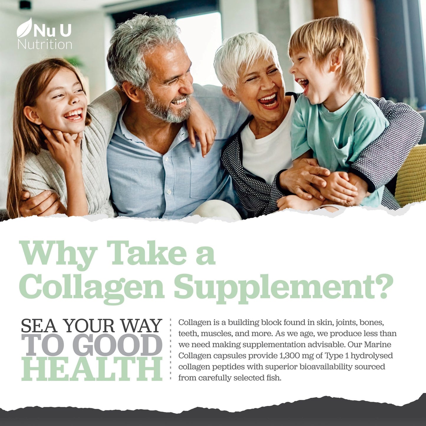 Nu U Nutrition Marine Collagen with Hyaluronic Acid, Vitamin C - 90 Hydrolysed Capsules (not Tablets) - Premium High Strength Collagen Supplements for Women & Men - Type 1 Marine Collagen - for Hair Nails & Skin