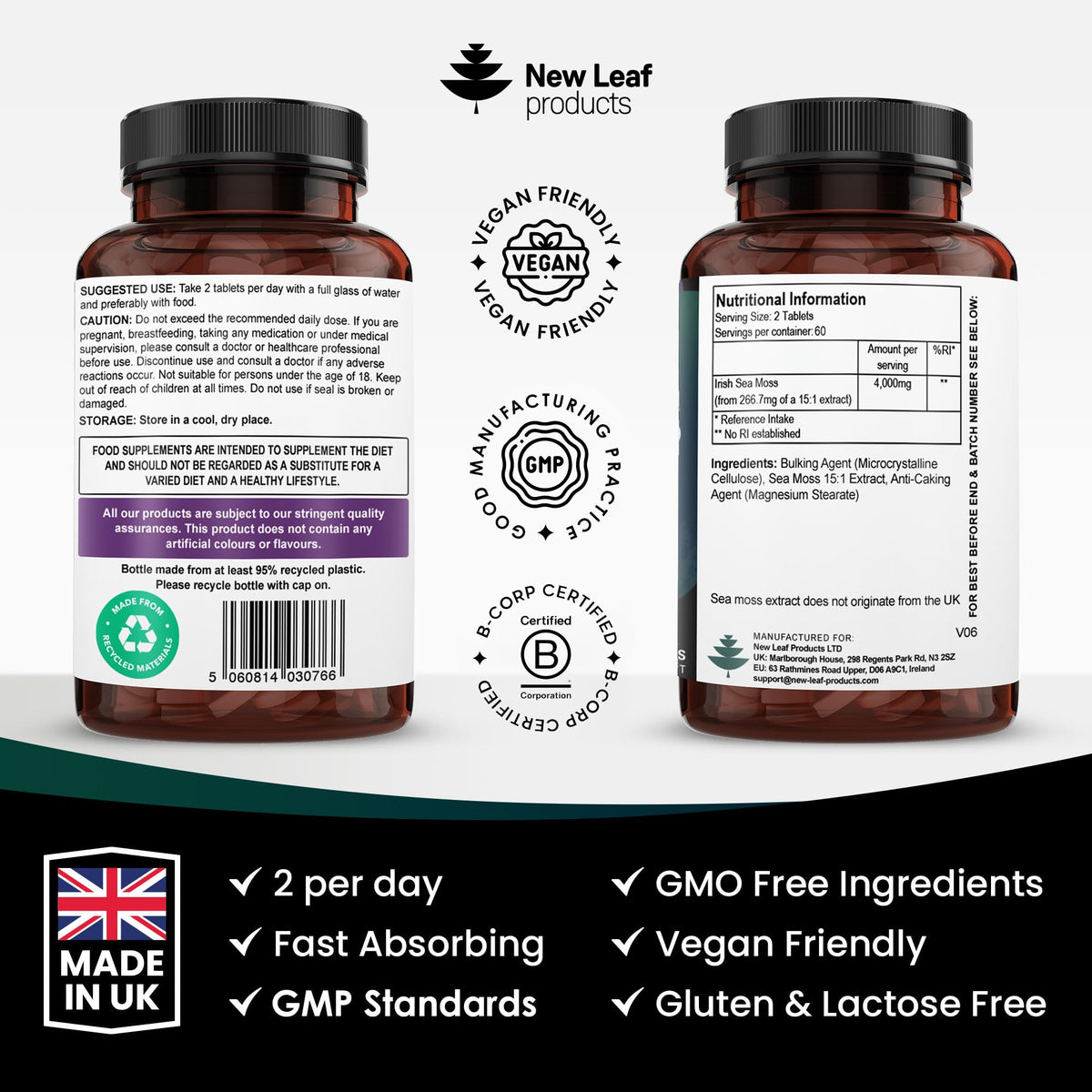 NEW LEAF PRODUCTS Sea Moss Tablets Extract High Strength 4000mg - Sea Moss Supplement 120 Tablets (not sea Moss Capsule) High Potency - UK Made - Vegan - Non GMO
