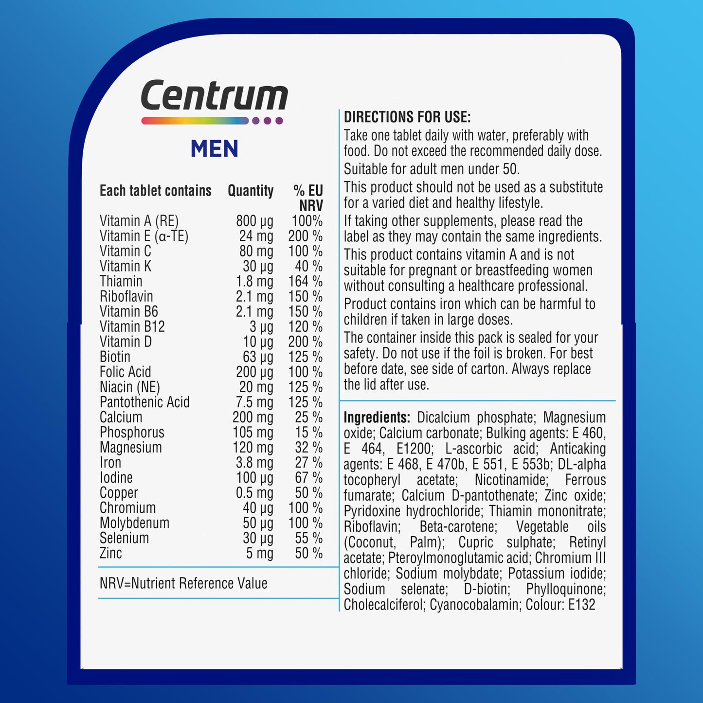 Centrum Men Multivitamin Tablets for Men, Vitamins with 23 Essential Nutrients, including Vitamin C, D and Magnesium, 30 ct (Packaging and Tablet colour may vary slightly)