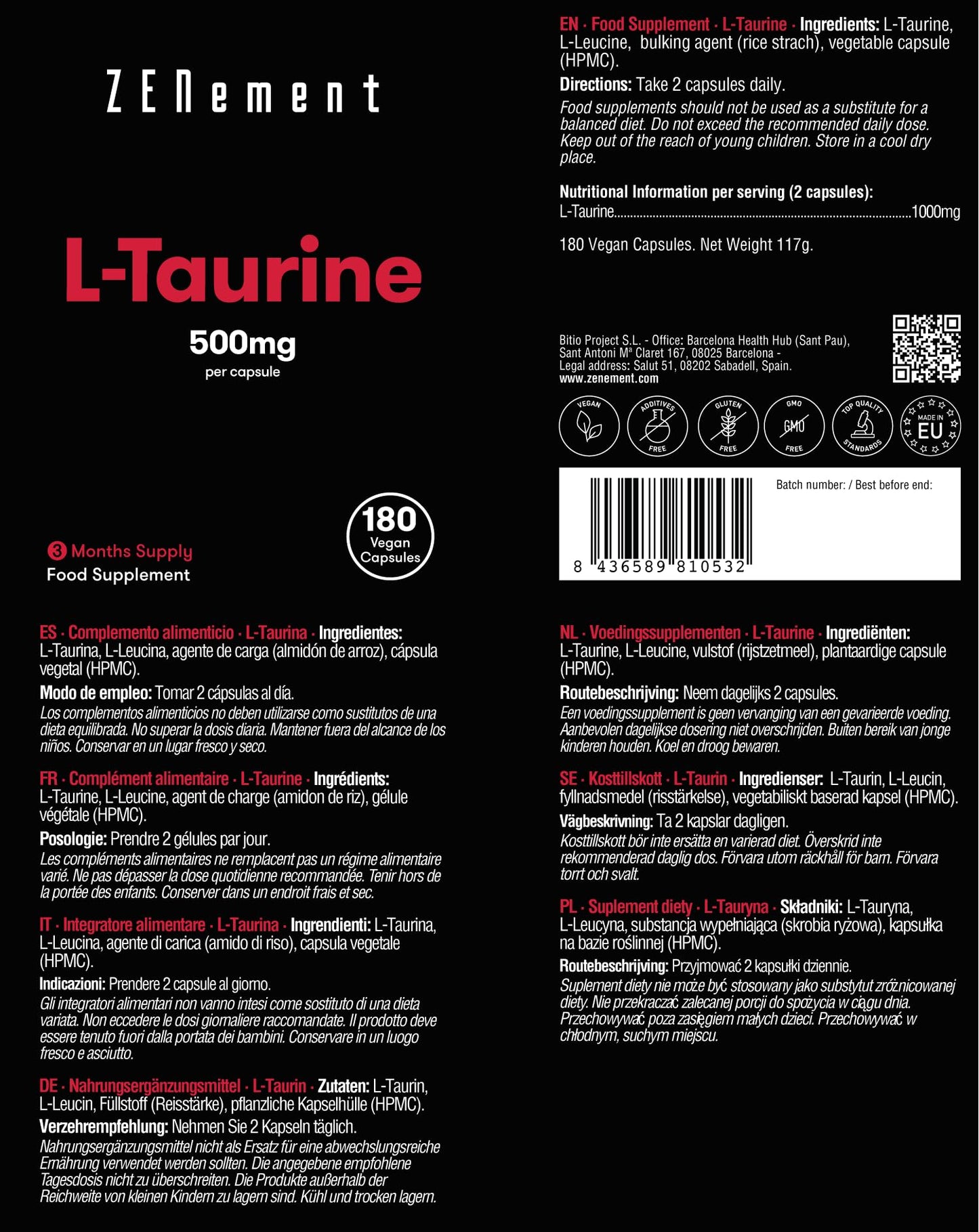 Taurine Supplement 1000mg Capsules Per Serving | 180 High Strength Taurine Capsules Vegan (3 Months Supply) | Pre Workout Supplement for Men & Women | Essential Amino Acid | Gluten Free | Zenement