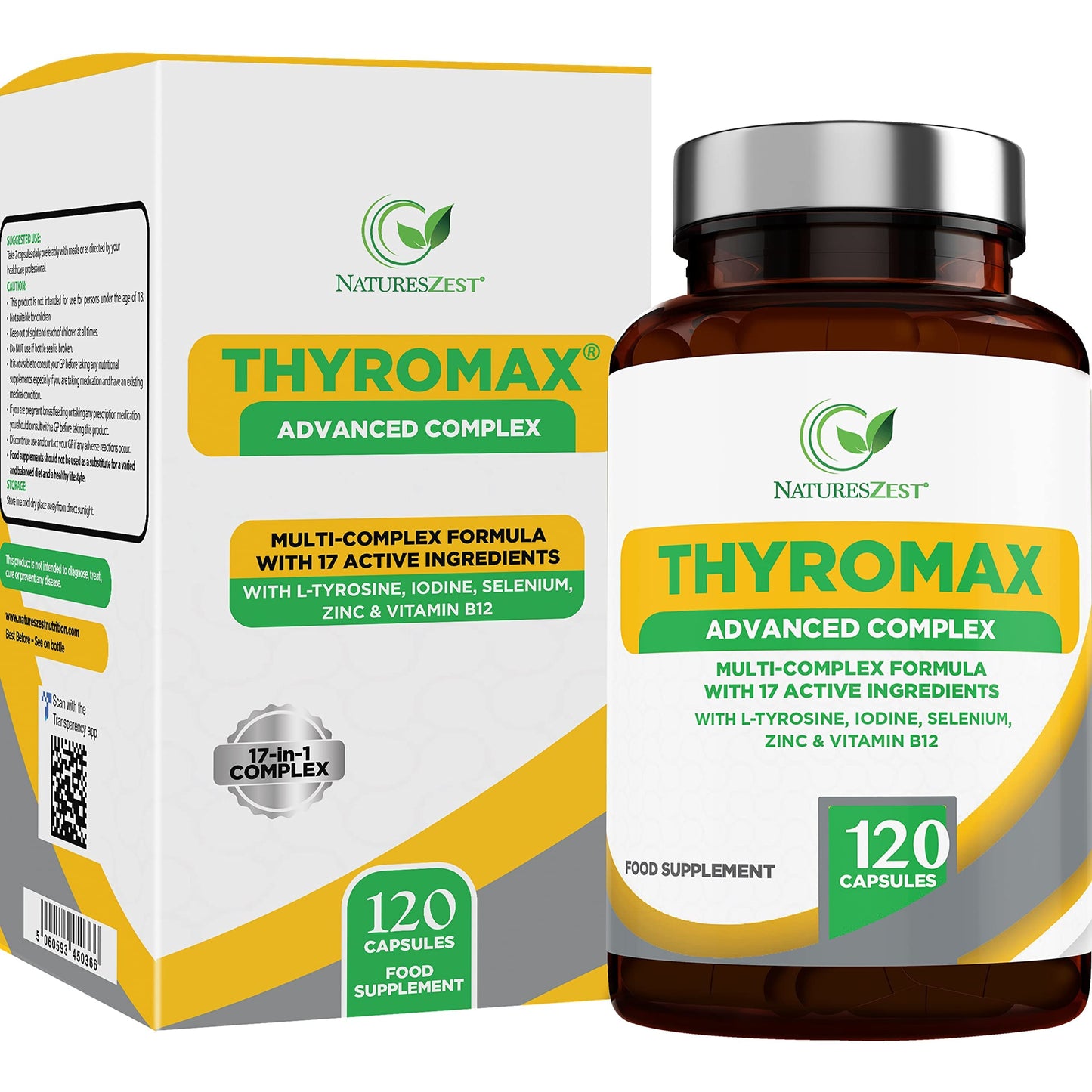 Natures Zest ThyroMax - Thyroid Support Supplement - 120 Vegan Capsules - 17 Active Ingredients Including Iodine, L-Tyrosine, Ashwagandha, B12 and Zinc - UK Made, 2 Month's Supply