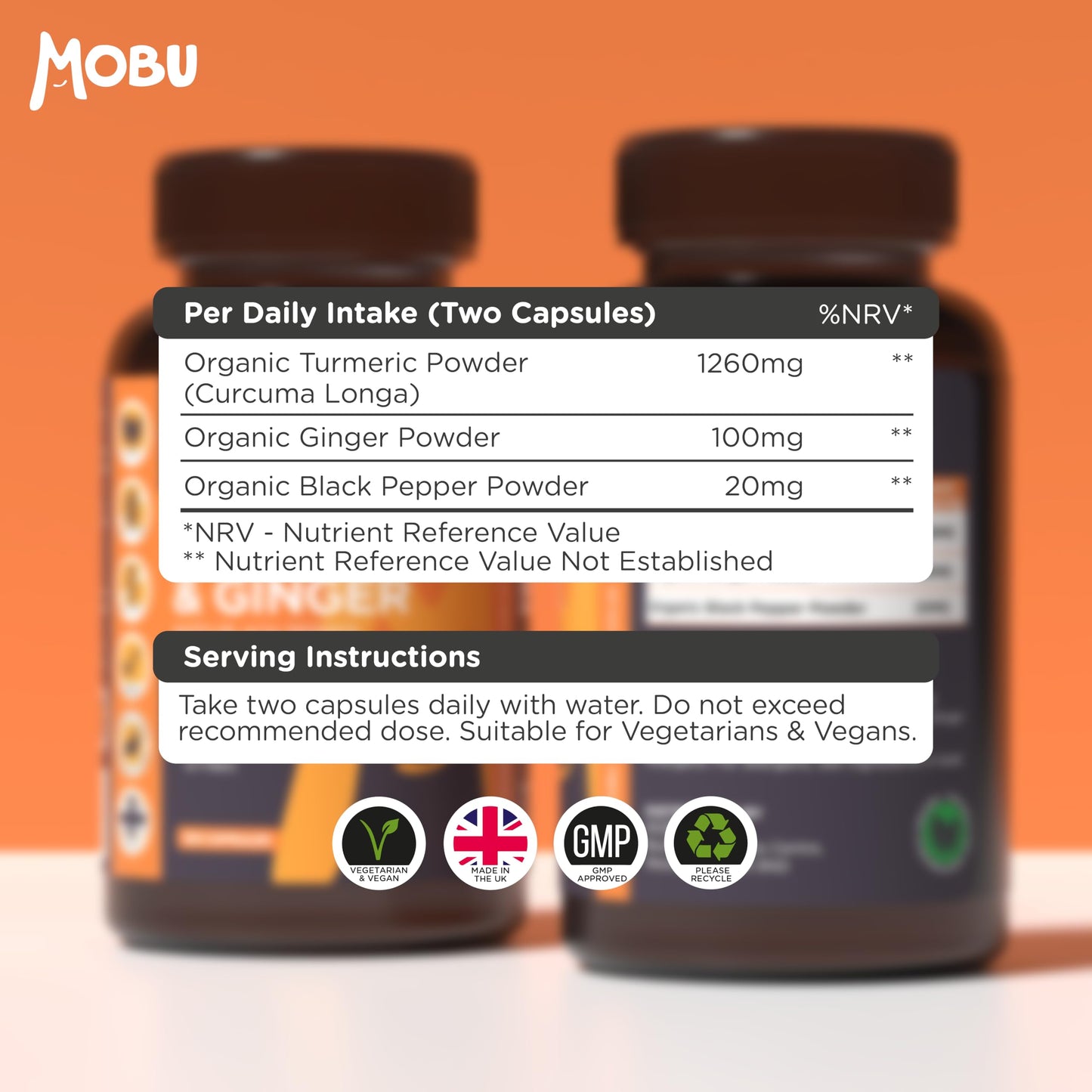 Organic Turmeric 1380mg with Black Pepper & Ginger - 120 Vegan Capsules - Organic with Active Ingredient Curcumin - UK Made MOBU