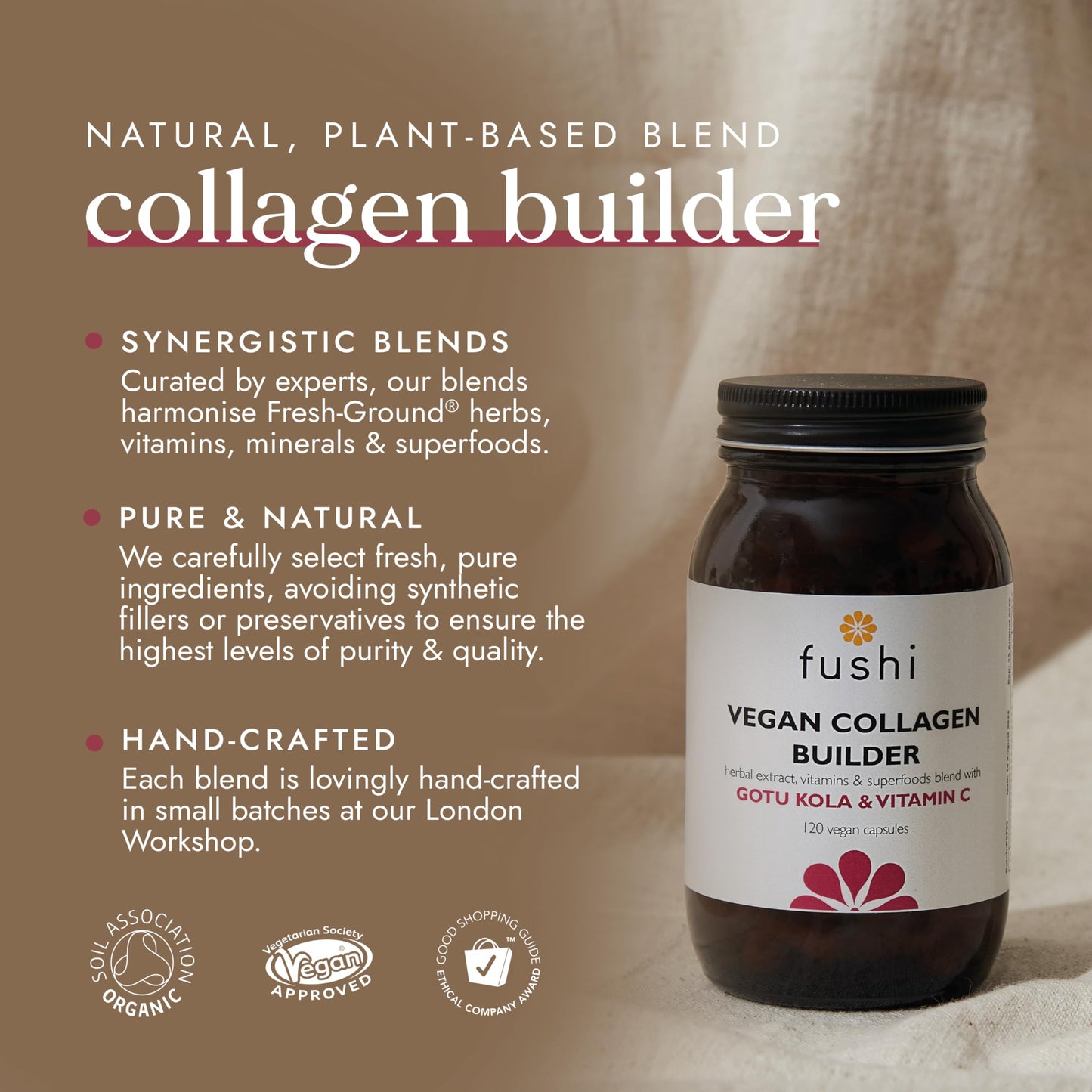 Fushi Vegan Collagen Booster, Vegan Amino Acids, with Vitamin C, E, Biotin, Copper and Botanical Extracts (120 Capsules)